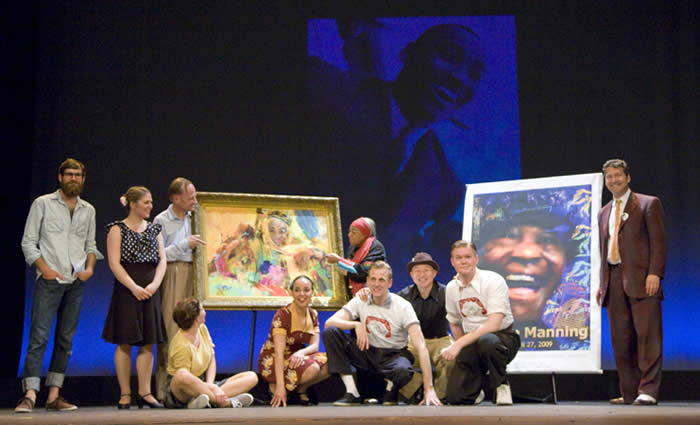 Dawn and her portrait, the Harlem Hotshots, Chris Lee and I at the Diego Rivera Theater, City College of San Francisco.