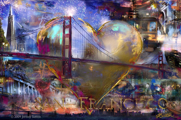The Painting "San Francisco Heart" This painting, which prominently features the Golden Gate Bridge, is on display at Sutton Studios & Gallery in a unique 36" x 60" luminescent LED Light Panel presentation kindly loaned by TaDah Corporation, as well as the original mixed media collage on canvas.