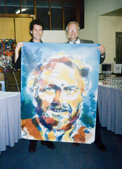 Adobe Systems co-founder John Warnock and I holding the digital portrait I created of him from life, at the Tech Museum of Innovation, San Jose, CA.
